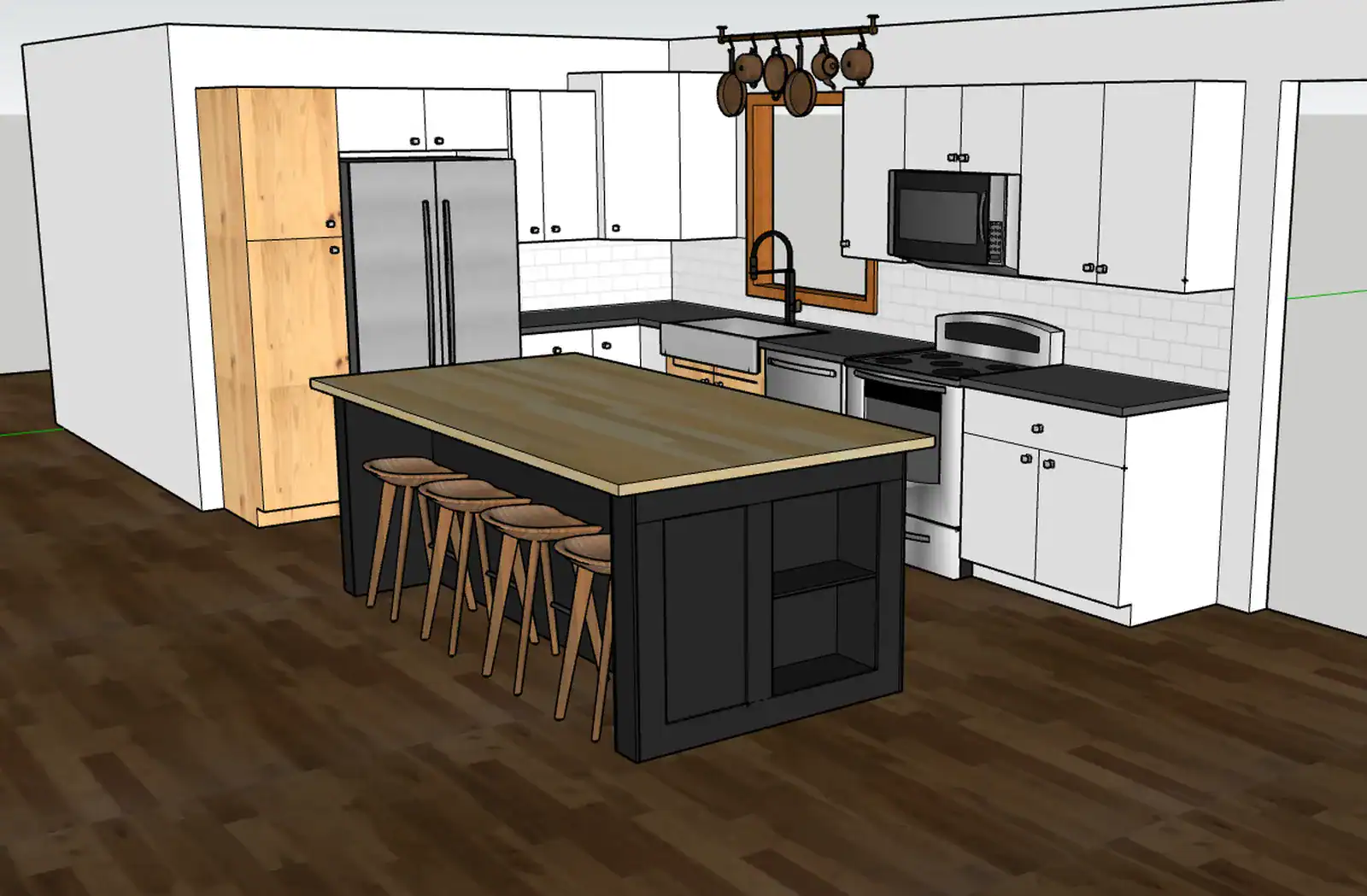 3D kitchen design with warm tones and modern layout