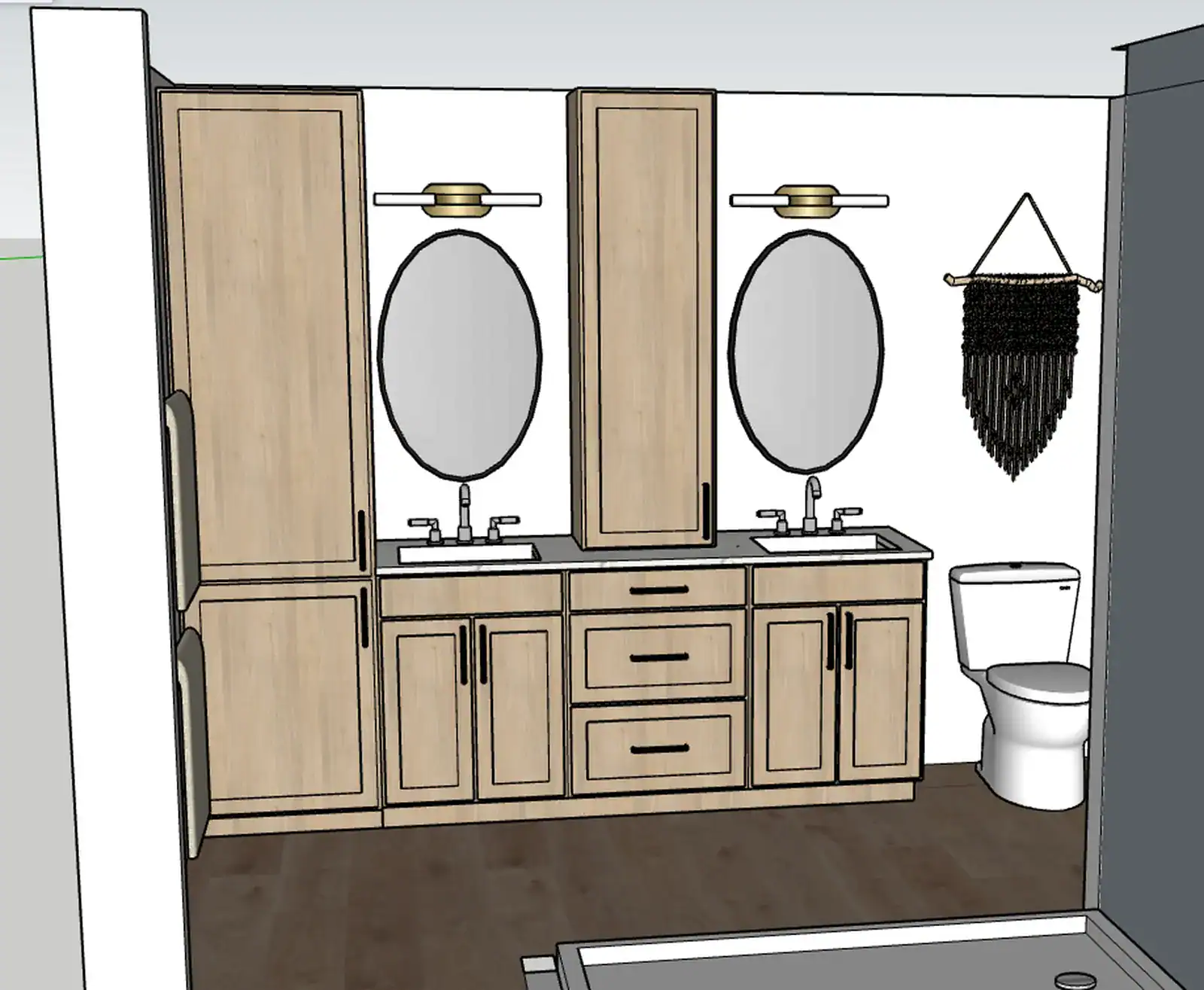 3D bathroom design showing vanity, shower, and finish selections